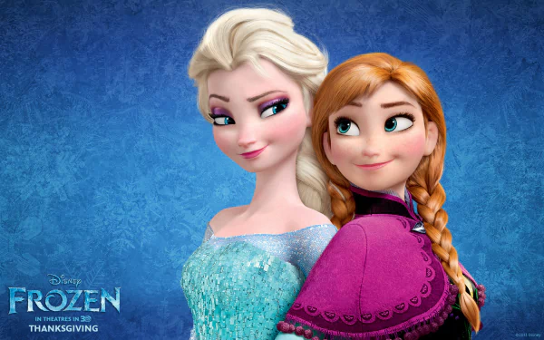 HD desktop wallpaper featuring Elsa and Anna from Disney's Frozen movie, set against a snowy blue background. Elsa has platinum blonde hair and wears a blue dress, while Anna is in a magenta cloak with braids.