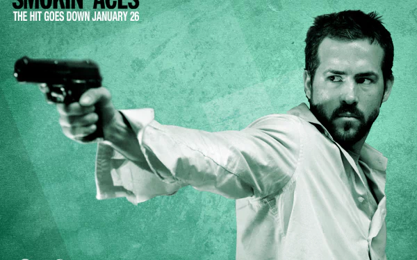HD desktop wallpaper from Smokin' Aces featuring a focused Ryan Reynolds aiming a pistol, with a stylized green background.
