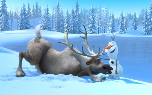 HD desktop wallpaper of Olaf and Sven from Frozen in a snowy forest scene, playful and cheerful.