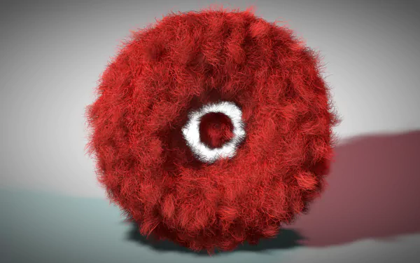 HD desktop wallpaper featuring a fluffy red donut-shaped object with a white center on a gradient background, created as digital art.