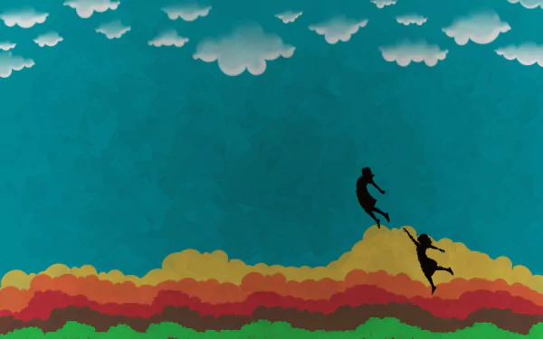 HD desktop wallpaper featuring silhouetted human figures leaping between colorful, abstract hills under a blue sky with clouds.