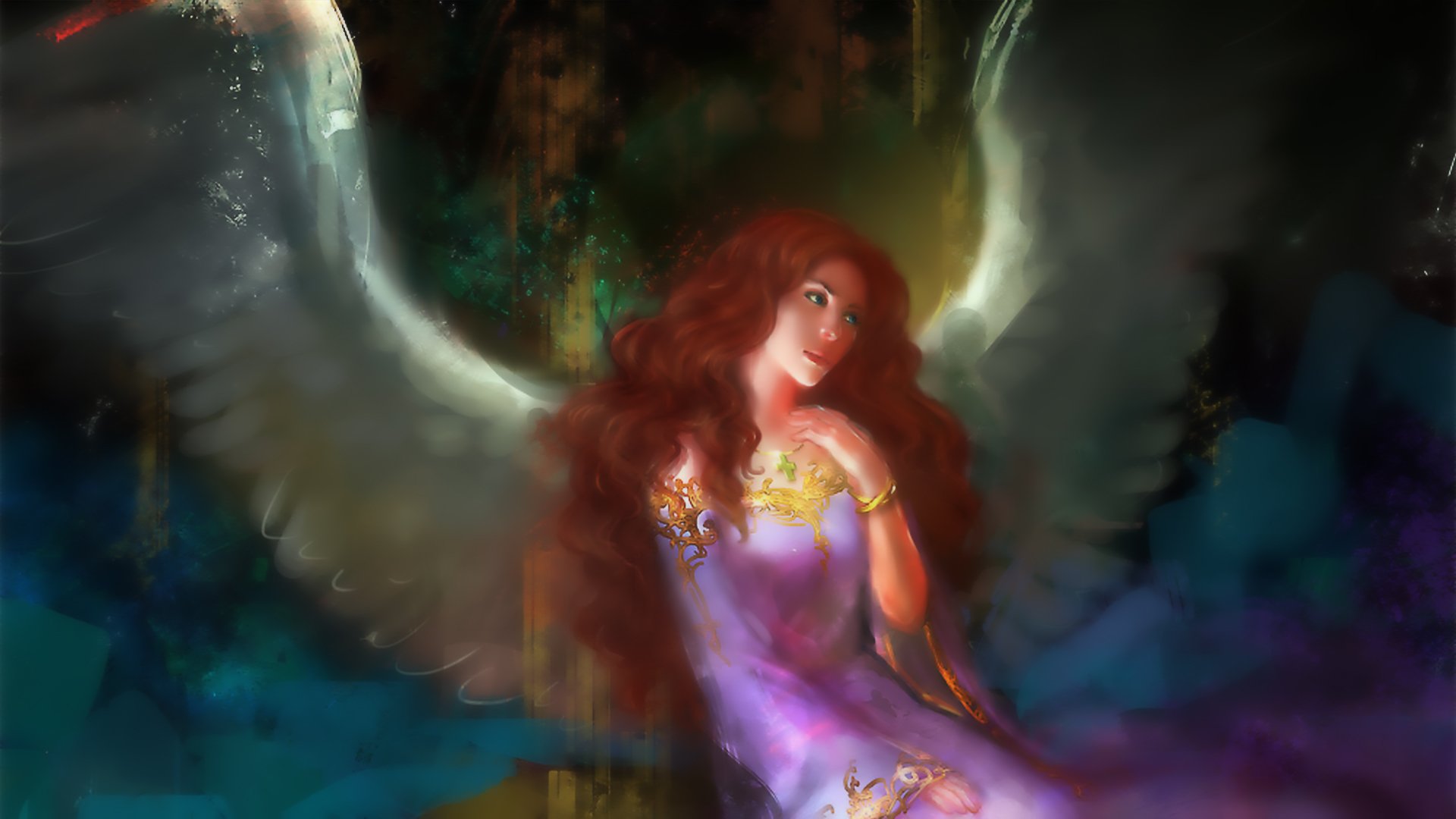 A stunning fantasy angel with flowing red hair and elegant wings gazes thoughtfully, set against a vibrant, ethereal backdrop. A captivating HD desktop wallpaper and background.