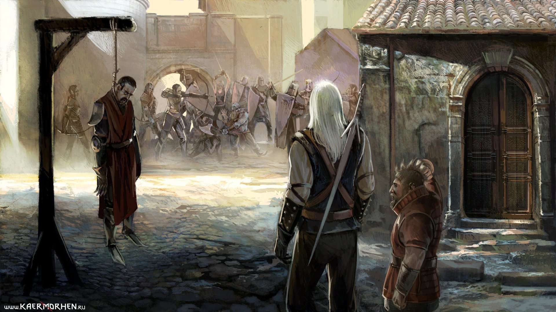 HD PC desktop wallpaper/background, The Witcher video game: white‑haired witcher and a dwarf watch a crowd and soldiers confront a bound man in a sunlit medieval street.