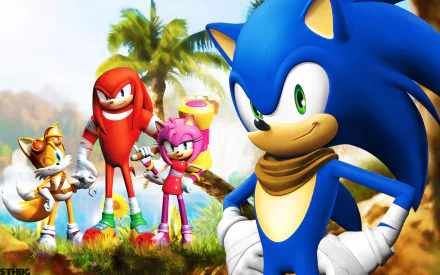 Sonic the Hedgehog and friends, Knuckles the Echidna, Amy Rose, and Miles Tails Prower, pose together in a vibrant landscape from the TV show Sonic Boom.