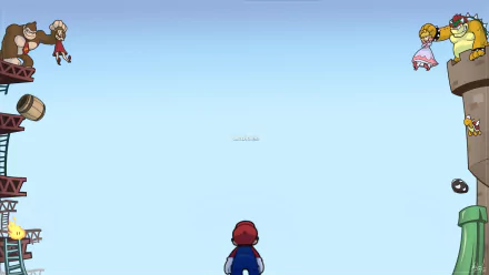 A vibrant HD wallpaper featuring Mario standing in the foreground, with iconic characters from the video game world surrounding him against a clear blue sky.