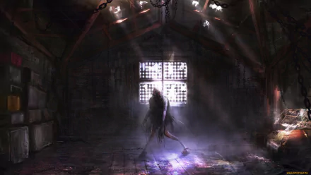 A dark and creepy HD wallpaper featuring a shadowy figure in an ominous room, illuminated by beams of light streaming through a dusty window.