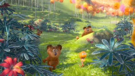 HD PC desktop wallpaper featuring vibrant forest characters from the movie The Lorax, showcasing lush greenery and colorful trees in a whimsical animated scene.