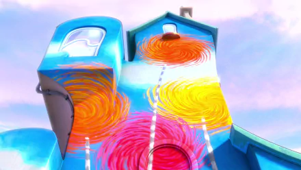 HD PC desktop wallpaper featuring colorful, stylized trees from the movie The Lorax against a soft blue and pink sky background.