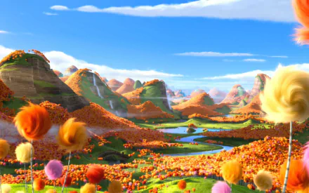 Vibrant landscape from the movie The Lorax, featuring rolling hills, colorful trees, and a clear blue sky, serving as an engaging HD PC desktop wallpaper and background.