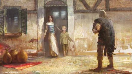 HD PC desktop wallpaper from the video game The Witcher, depicting a medieval scene with a warrior approaching a woman and child at a rustic doorstep.