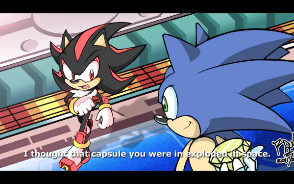 Shadow the Hedgehog confronts Sonic in this HD wallpaper from Sonic Adventure 2, showcasing their rivalry in a vibrant, action-packed setting.