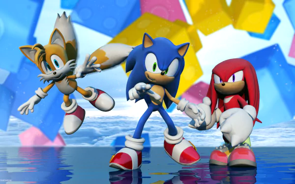 Sonic the Hedgehog, Knuckles the Echidna, and Miles Tails Prower stand together in a vibrant HD wallpaper, showcasing their iconic teamwork from Sonic Heroes.