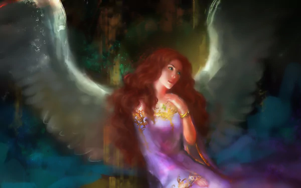 A stunning fantasy angel with flowing red hair and elegant wings gazes thoughtfully, set against a vibrant, ethereal backdrop. A captivating HD desktop wallpaper and background.