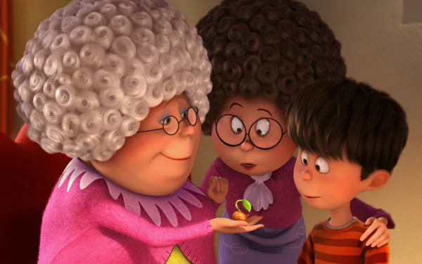 HD PC desktop wallpaper featuring Grammy Norma and two characters from the movie The Lorax, showcasing a warm, animated scene with vibrant details.