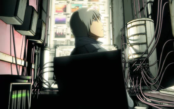 A character from the anime Pale Cocoon sits in a chair surrounded by cables and screens, embodying a futuristic, tech-driven environment in this HD desktop wallpaper.