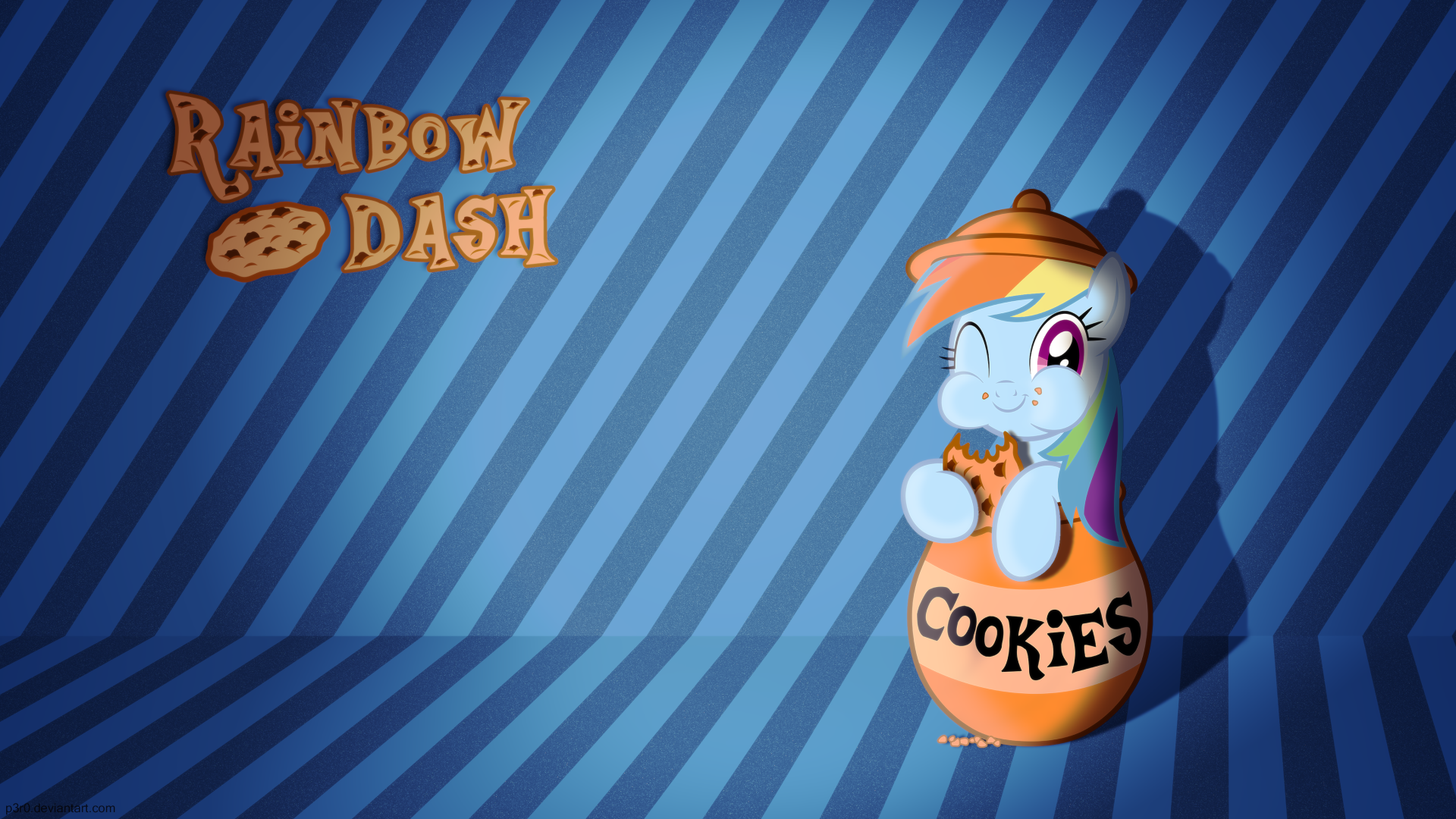 4K Ultra HD vector wallpaper of Rainbow Dash from My Little Pony: Friendship Is Magic holding a cookie jar labeled Cookies against a blue striped background.
