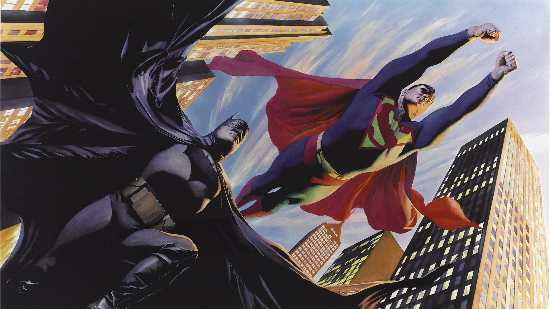 HD PC desktop wallpaper featuring DC Comics superheroes Batman and Superman soaring above city skyscrapers in a dynamic comic-style illustration.