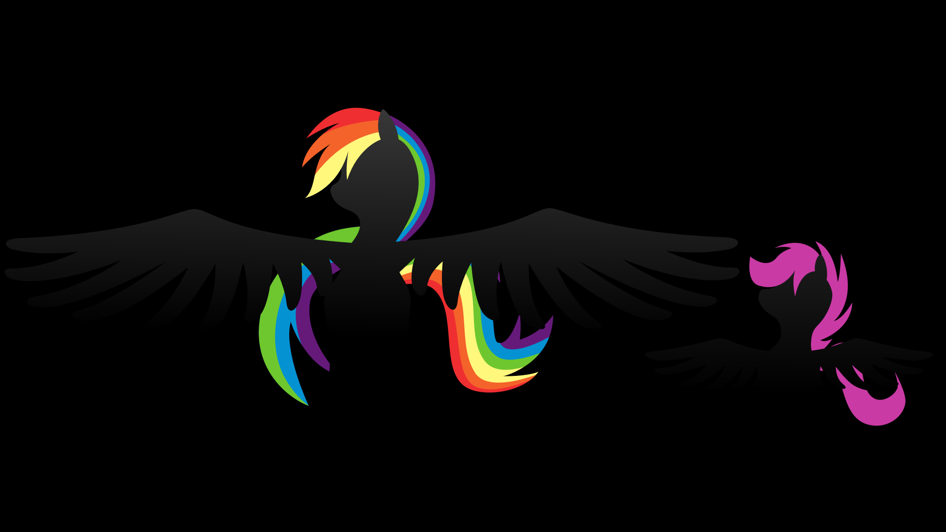 Silhouetted My Little Pony characters Scootaloo and Rainbow Dash with vibrant rainbow-colored wings and manes on a black background, 4K Ultra HD wallpaper from the TV show.