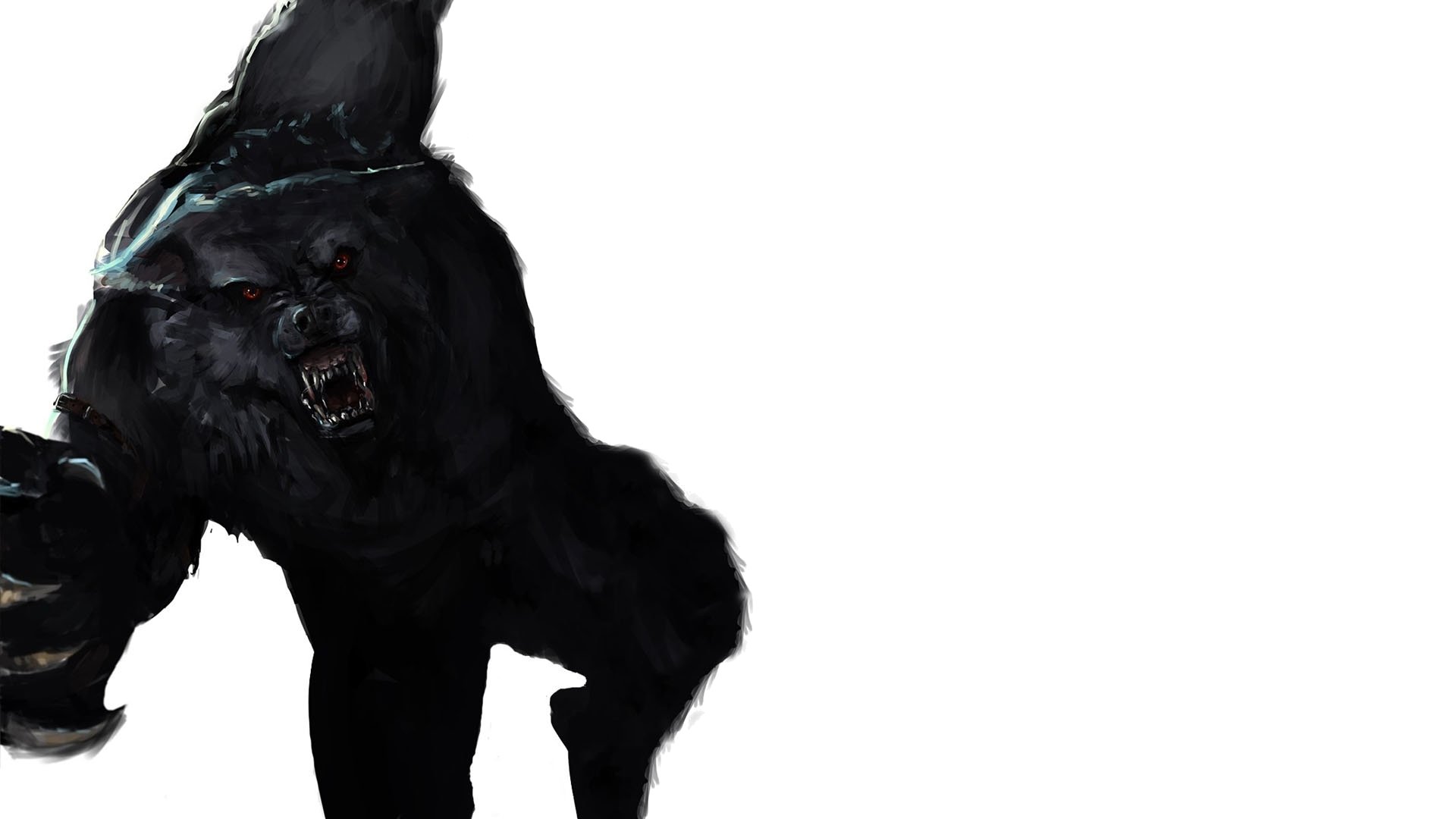 A dark, menacing werewolf looms in this HD PC desktop wallpaper, showcasing its fierce expression and intense red eyes against a stark background.