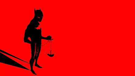 Black silhouette of Batman Beyond standing left against a vivid red backdrop, holding a hanging bat emblem — comic-style 2K Quad HD PC desktop wallpaper/background.