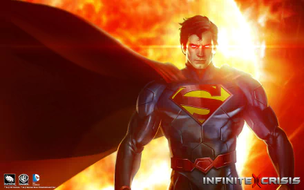 HD PC desktop wallpaper featuring Superman from the video game Infinite Crisis, with glowing red eyes and a fiery background.