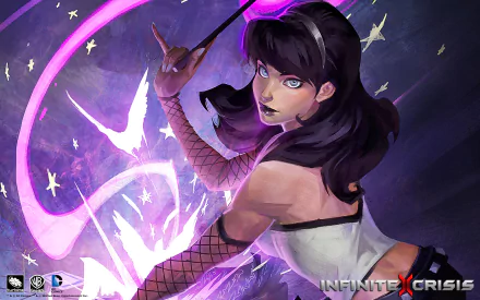 Zatanna, a character from DC Comics, features long black hair and blue eyes, casting magic with a wand. The vibrant background showcases elements from the video game Infinite Crisis.
