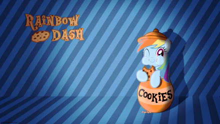 4K Ultra HD vector wallpaper of Rainbow Dash from My Little Pony: Friendship Is Magic holding a cookie jar labeled Cookies against a blue striped background.