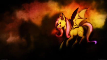 HD desktop wallpaper of Fluttershy from My Little Pony: Friendship Is Magic, depicted with bat wings against a fiery, dark background.
