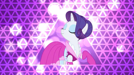 A vibrant HD wallpaper featuring Rarity from My Little Pony: Friendship Is Magic, set against a geometric purple background with sparkle effects.