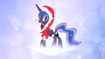 Princess Luna from My Little Pony: Friendship Is Magic, depicted in a festive red outfit with a candy cane, set against a sparkling background. HD vector wallpaper for fans of the show.