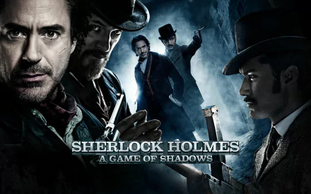 A dramatic HD wallpaper from Sherlock Holmes: A Game of Shadows, featuring iconic characters in a tense, moody setting, showcasing the film's mysterious atmosphere.