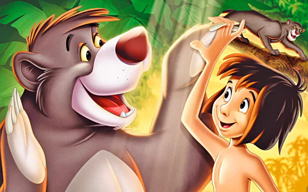 HD wallpaper featuring Mowgli and Baloo from the 1967 movie The Jungle Book set against a vibrant jungle backdrop.