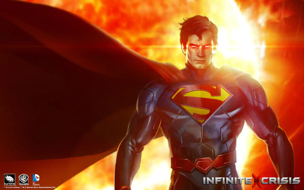 HD PC desktop wallpaper featuring Superman from the video game Infinite Crisis, with glowing red eyes and a fiery background.