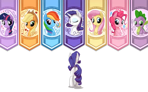 A vibrant HD wallpaper featuring Rarity from My Little Pony: Friendship Is Magic, standing before colorful banners of her friends, including Twilight Sparkle, Rainbow Dash, and Pinkie Pie.