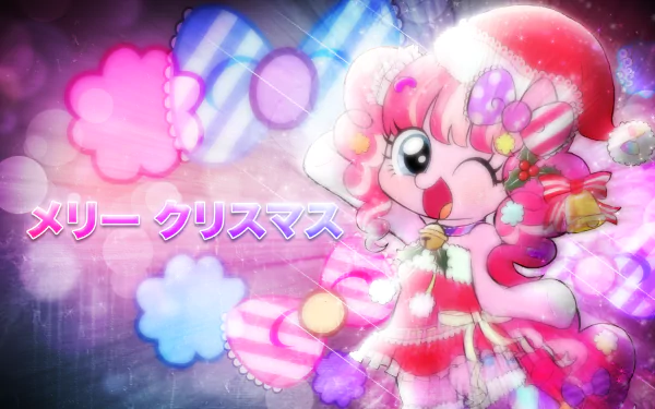 HD wallpaper featuring Pinkie Pie from *My Little Pony: Friendship Is Magic*, surrounded by colorful patterns and the text メリークリスマス for a festive feel.