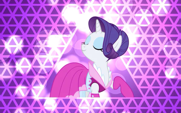 A vibrant HD wallpaper featuring Rarity from My Little Pony: Friendship Is Magic, set against a geometric purple background with sparkle effects.