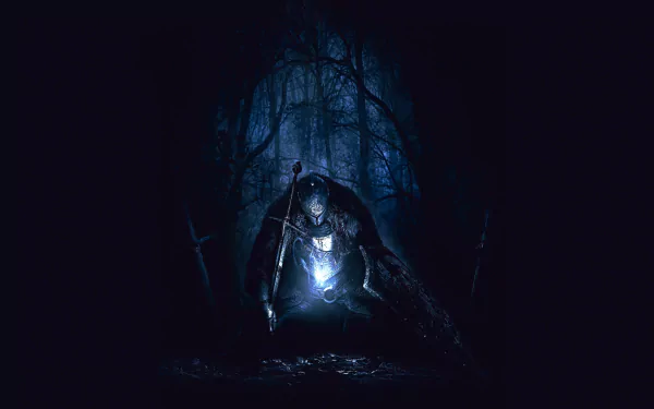 HD wallpaper of Dark Souls II featuring a knight in armor holding a lantern in a dark, eerie forest.
