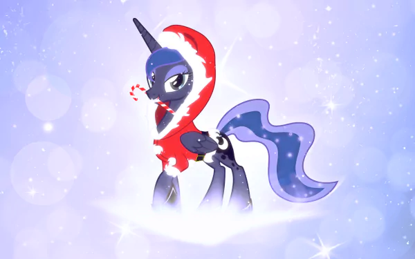 Princess Luna from My Little Pony: Friendship Is Magic, depicted in a festive red outfit with a candy cane, set against a sparkling background. HD vector wallpaper for fans of the show.
