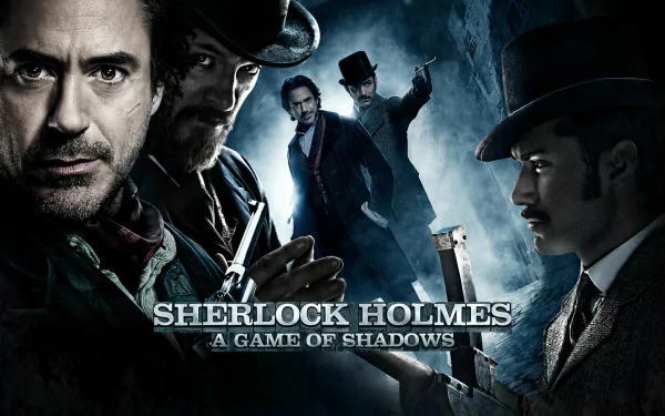 A dramatic HD wallpaper from Sherlock Holmes: A Game of Shadows, featuring iconic characters in a tense, moody setting, showcasing the film's mysterious atmosphere.