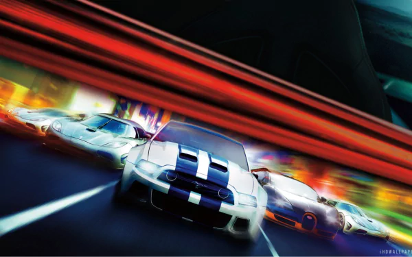 An action-packed HD desktop wallpaper featuring cars from the movie Need For Speed, with vibrant colors and dynamic motion effects that enhance the racing theme.