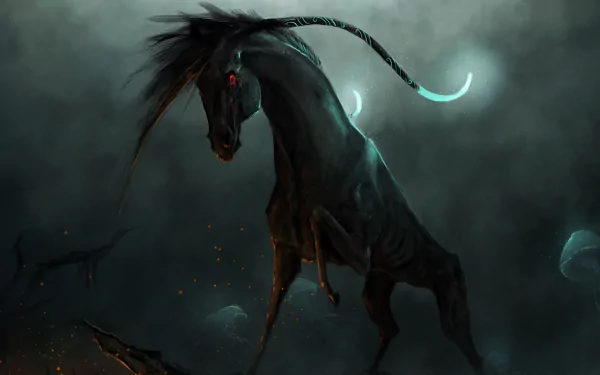 HD fantasy desktop wallpaper featuring a dark, mystical creature with glowing red eyes and a luminous tail tip against a foggy, eerie background.