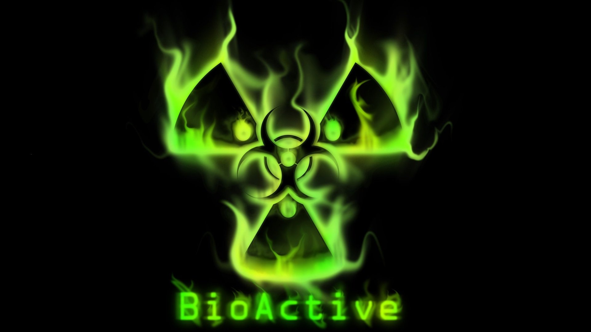 2K Quad HD PC sci-fi desktop wallpaper/background: neon green flaming biohazard symbol with BioActive text on a black background, futuristic toxic aesthetic.