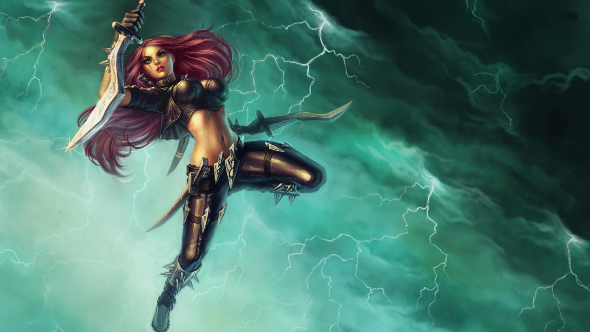 HD PC desktop wallpaper featuring Katarina from the video game League of Legends, poised mid-air with dual daggers against a stormy, lightning-filled sky background.