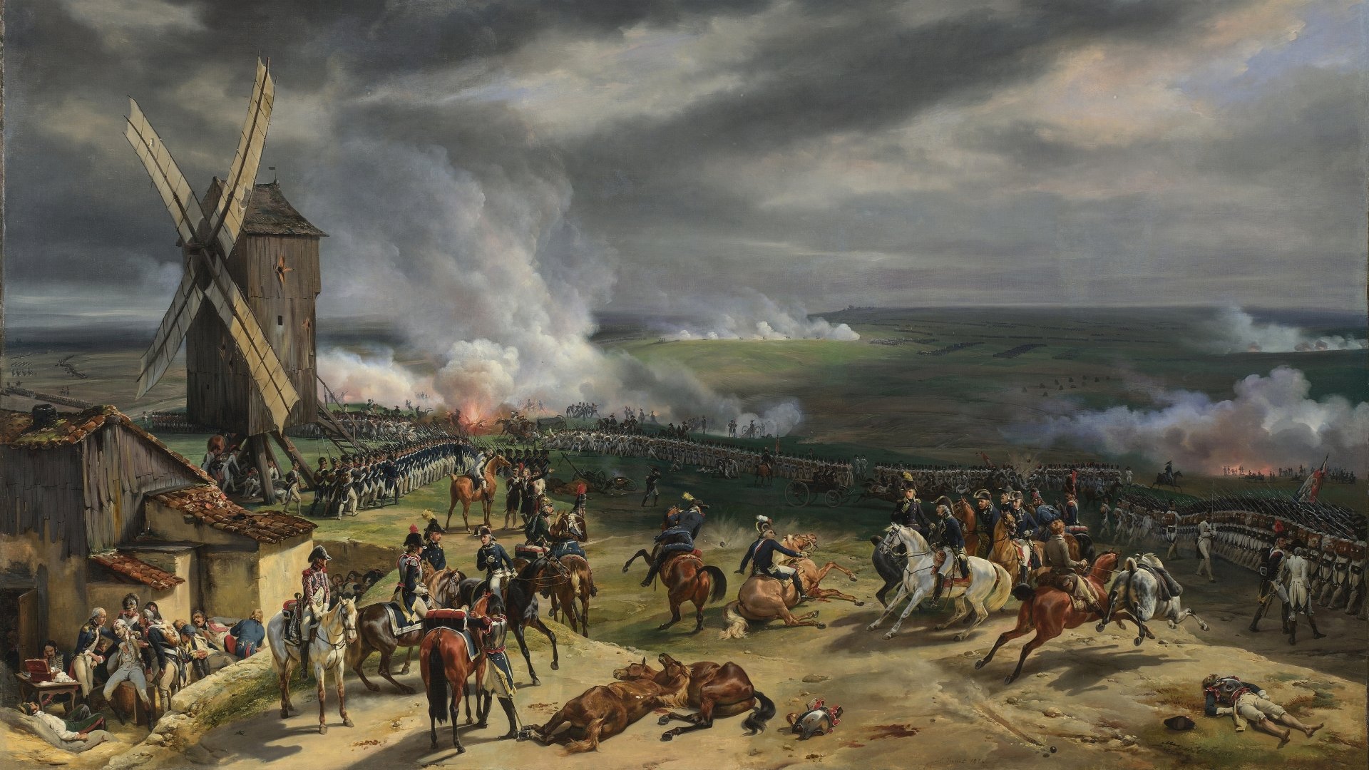 A 4K Ultra HD PC wallpaper depicting a chaotic military battle scene near a windmill under a stormy sky.