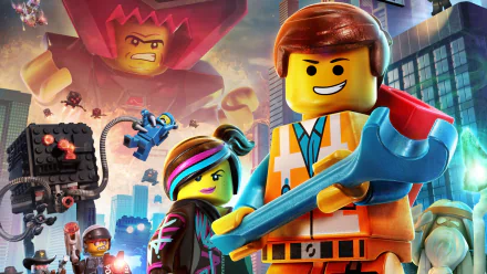 HD PC desktop wallpaper featuring Emmet, Wyldstyle, Vitruvius, President Business, and Benny from The LEGO Movie video game.
