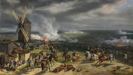 A 4K Ultra HD PC wallpaper depicting a chaotic military battle scene near a windmill under a stormy sky.