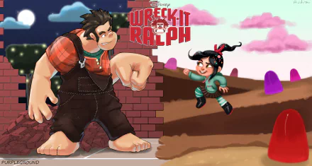 HD PC desktop wallpaper featuring Ralph and Vanellope von Schweetz from the movie Wreck-It Ralph with the Wreck-It Ralph logo in the center.