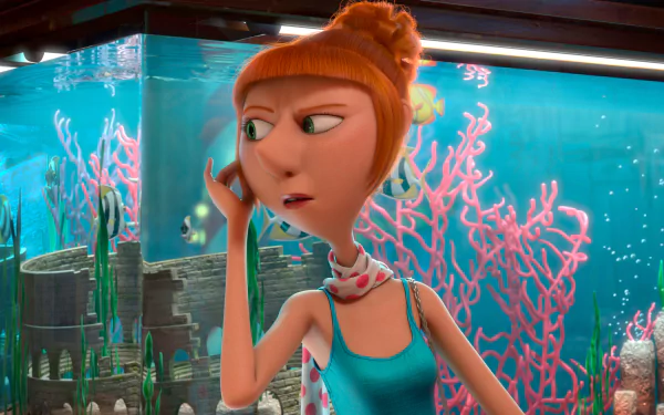 HD PC desktop wallpaper featuring Lucy from the movie Despicable Me 2, set against an underwater background with coral and aquarium elements.