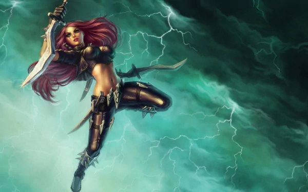 HD PC desktop wallpaper featuring Katarina from the video game League of Legends, poised mid-air with dual daggers against a stormy, lightning-filled sky background.