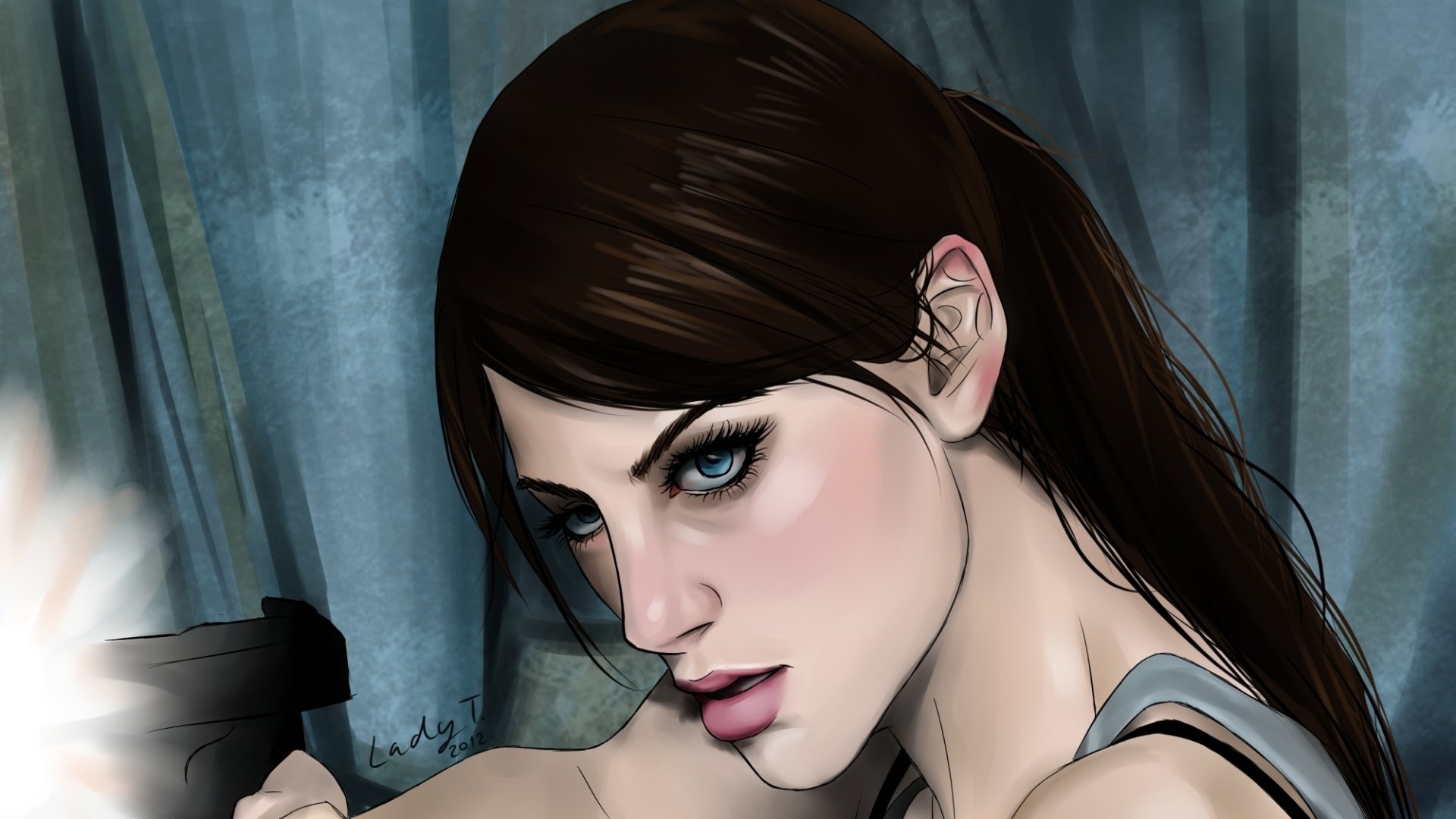 HD PC desktop wallpaper featuring a close-up of a determined female character from the video game Resident Evil, holding a flashlight in a dark, eerie setting.